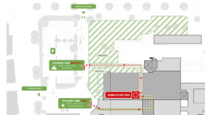 Skizze, die die Zugangswege zur Zentralen Notaufnahme während der Bauarbeiten zeigt.